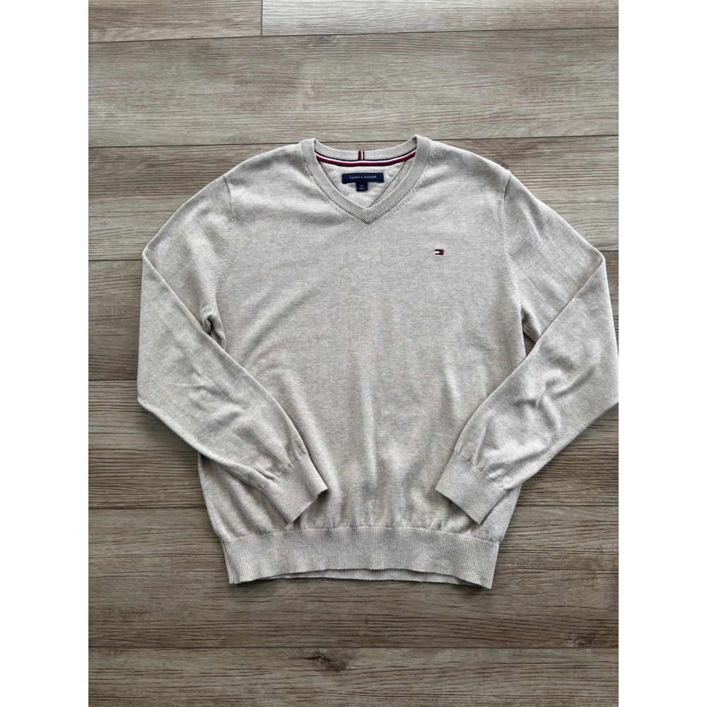Tommy Hilfiger Mens V-Neck Sweater Beige Cotton Knit Small Logo Oatmeal Heather